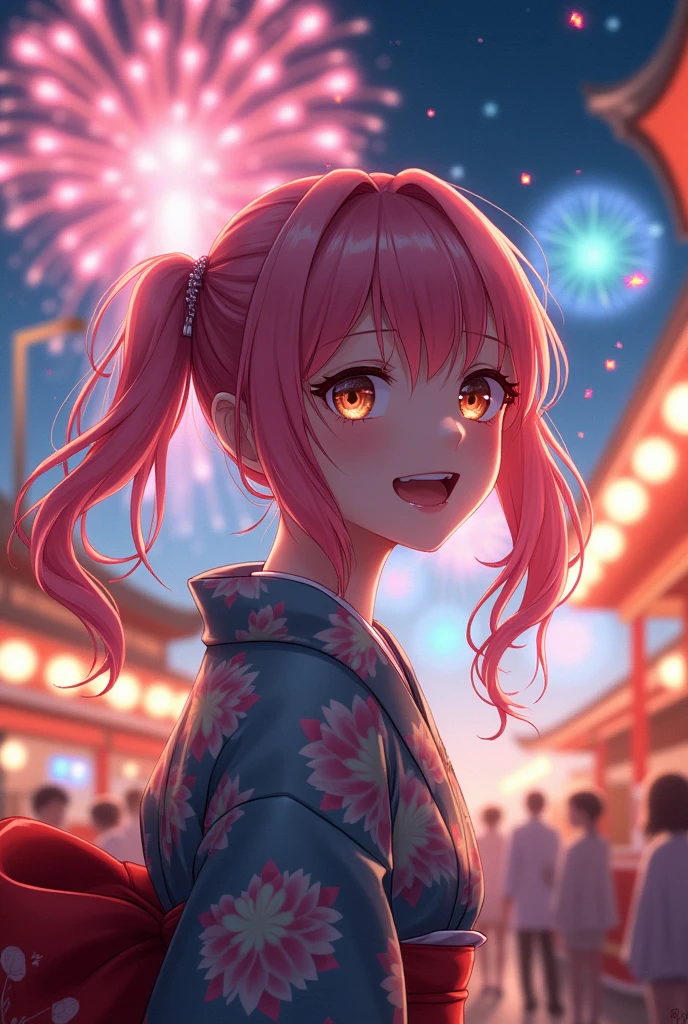 (fireworks), 1girl,(matsuri) (kimono), pigtails, pink hair, (absurdres, highres, masterpiece), (night), vibrant colors, fluid colors, fine detailed beautiful face, ultra detailed, cowboy shot