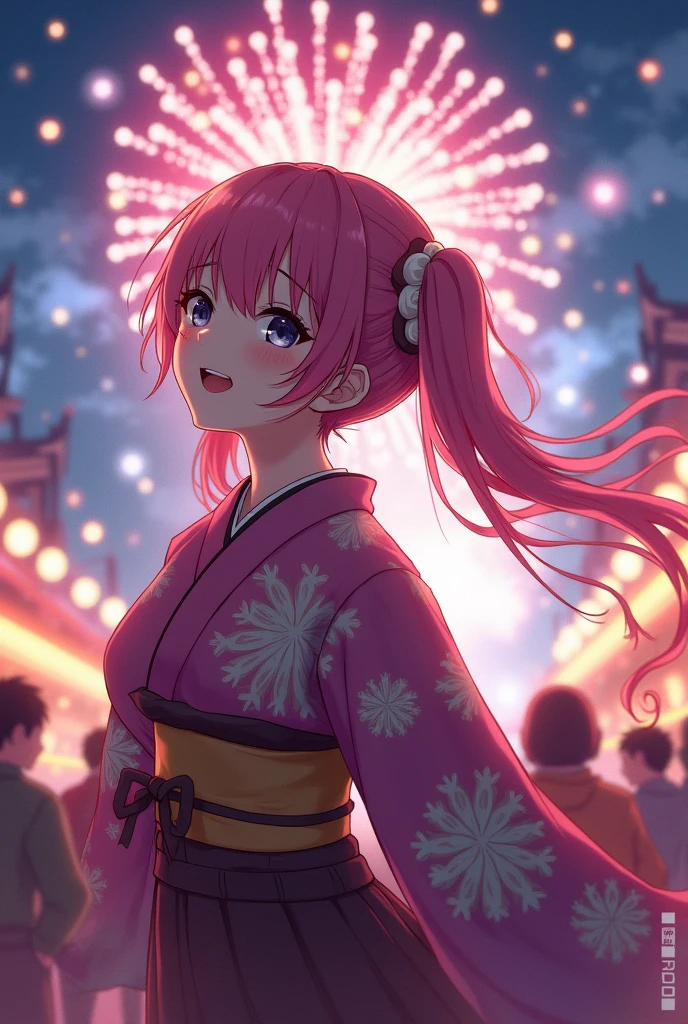(fireworks), 1girl,(matsuri) (kimono), pigtails, pink hair, (absurdres, highres, masterpiece), (night), vibrant colors, fluid colors, fine detailed beautiful face, ultra detailed, cowboy shot