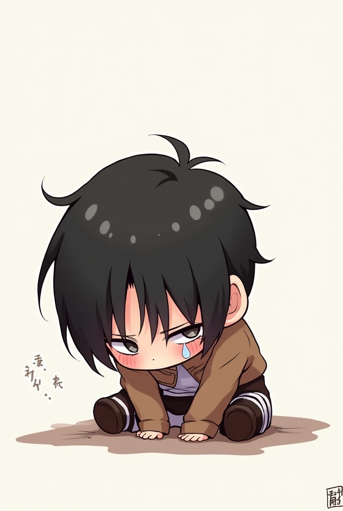 Create a chibi character of eren crying with his face on his knees Very sad with tears in his eyes