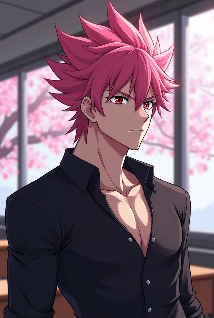 anime character, pink hair, spiky hair, Pale skin, red eyes, white eyelashes, male, muscular, big glossy lips, classroom, grey eyebrows, black school? blossom trees,