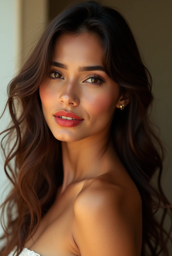 An Asian Indian, heavenly and incredibly beautiful, displays a seductive charm with her honey eyes and flowing brown hair. The high-resolution image captures every detail of her sun-kissed skin, red lips and a charming smile, with exceptional and natural quality.