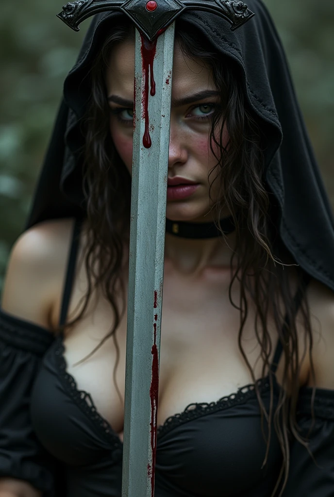 a photo of an ultra realistic 8k gothic warrior goddess, exhausted, blushing, (dripping blood falling down sword : 1.5), (macro lens : 1.3), cropped pubic strip, (extreme close up of sword hilt : 1.5), (sword hilt between woman's breasts : 1.3), (pussy covered behind sword : 1.3), (lips covered by sword : 1.3)