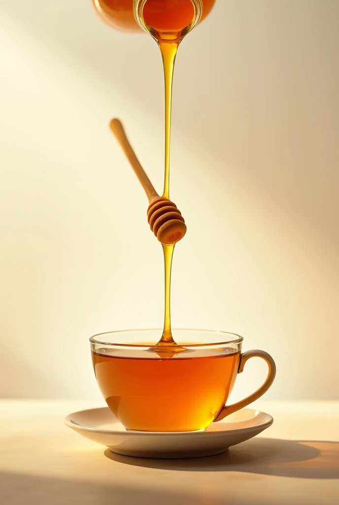 Eye-catching advertising poster of a jar of honey pouring into a cup of tea, that reflects and shows that we sell natural products. Also, the text in Spanish should appear in the image in a striking way with the phrase " Discover purity in every drop." 