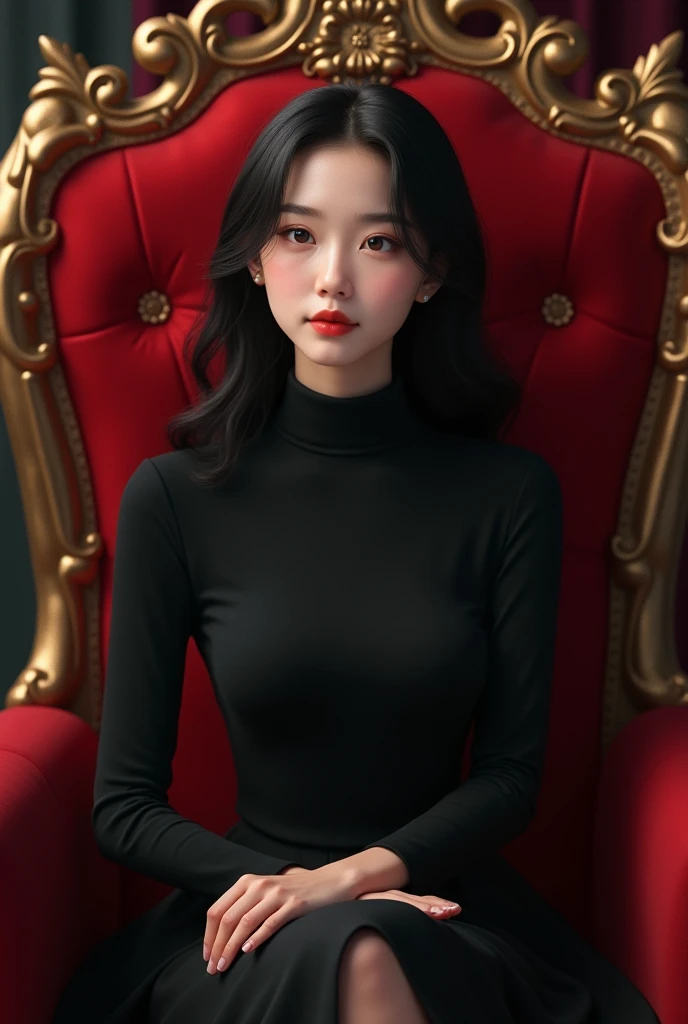 Beautifuo 25 yearsold semi animated korean women sitting in the red royal chair wearing black turtle neck dress Portrait picture.