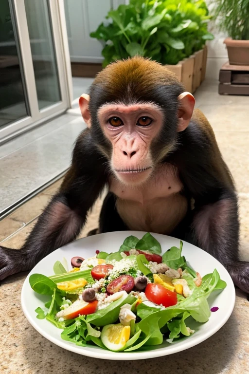 Monkey with broccoli on his head, wes anderson style