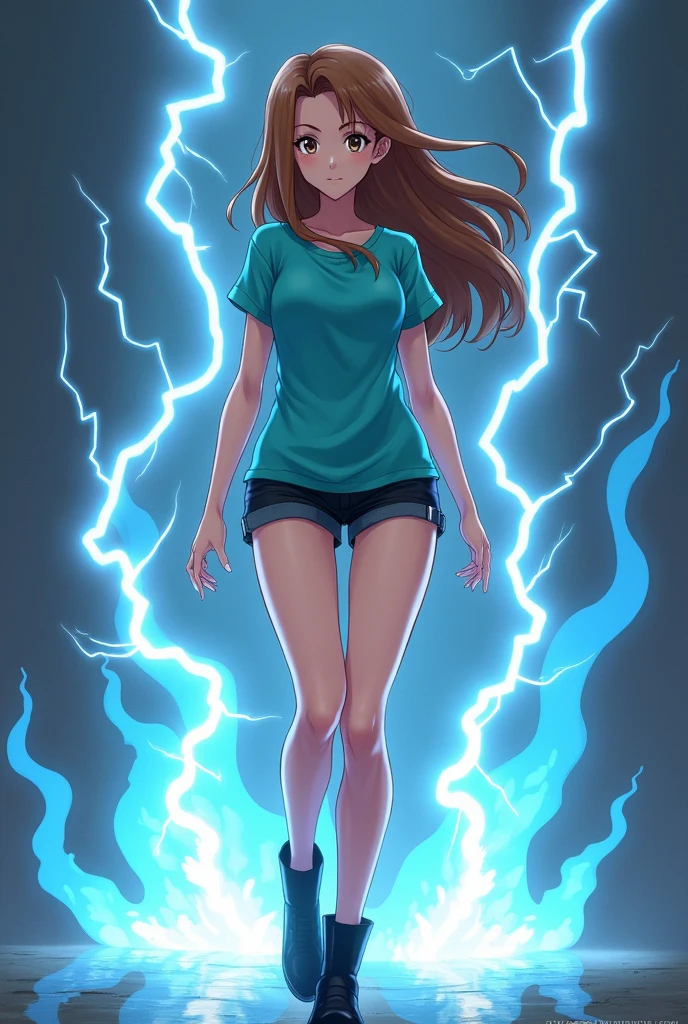1. 1 white girl 3. Long wavy brown hair 4. Light brown eyes 5. elongated face 6. Small breasts 7. Big hips 8. He is wearing black shorts 9. Turquoise T-shirt 10. Black jacket 11. White lightning is emitted from his body 12. It has to be full body 13. Wears black boots 14. Blue fire comes out from his feet 17. It has to be in anime version 18. His hands have freezing energy