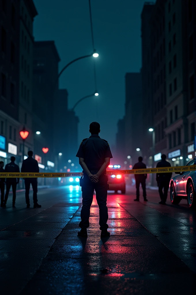 A nighttime urban street cordoned off by yellow police tape, with patrol cars parked nearby, their lights flashing red and blue. Uniformed officers stand guard, ensuring no one enters the scene. The area is dimly lit, with the silhouette of buildings in the background.