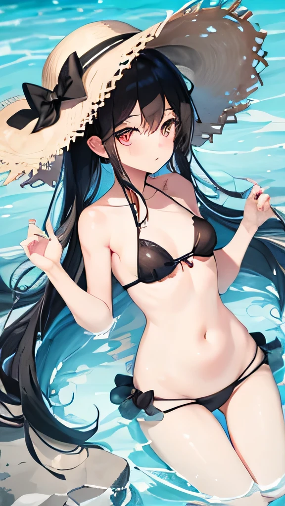 Highest quality、high resolution、One girl、White and black hair、Short、Small breasts、black and white swimsuit、Straw hat with black ribbon、Waist-deep in water、Seaside、small fish