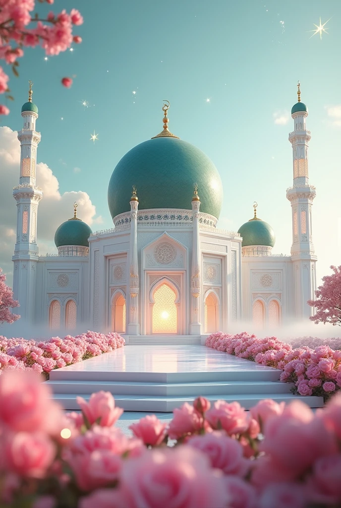 Degital art Creat a megical cgi 3d hyper realistic super cute transparent cristal madinah mosque with green dom in pink flower on a 3d white podium with bold colors on roses field with mist cloud, with megical stars and fireflies, bokeh light particles falling on  mosque, with empty copy space, 64k hyperrealism studio lightning cinematic super illustration, light reflection, fantasy concept , megical land, addon model