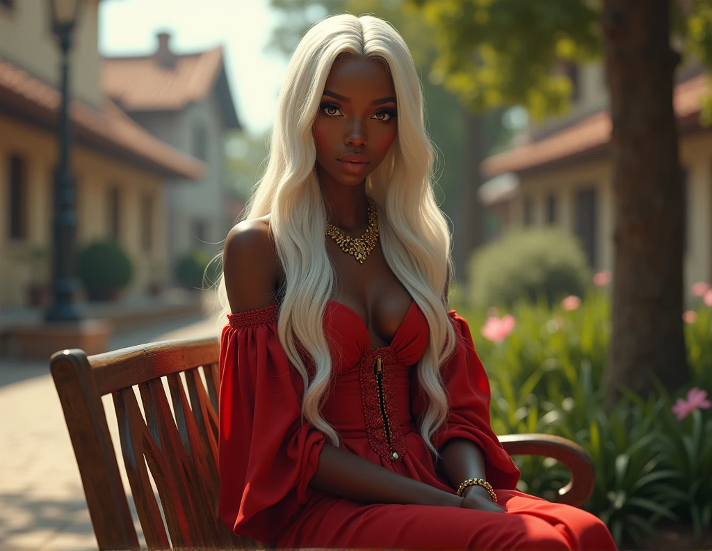 black woman with honey-colored eyes, long straight white hair, sitting on a wooden bench in the square wearing a red dress
