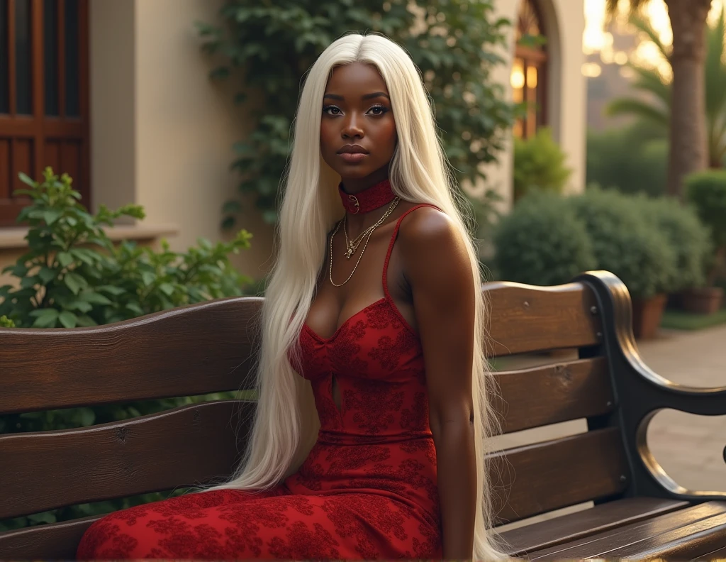black woman with honey-colored eyes, long straight white hair, sitting on a wooden bench in the square wearing a red dress