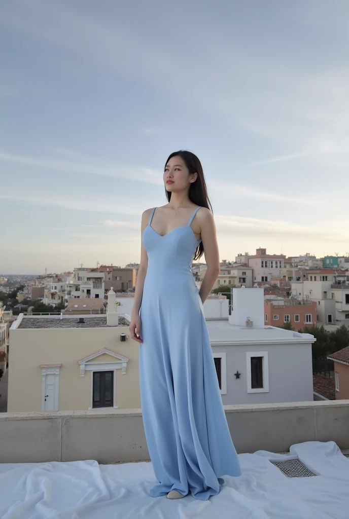 Long black hair girl, Sky blue fitted dress , She has big hips, big breasts,