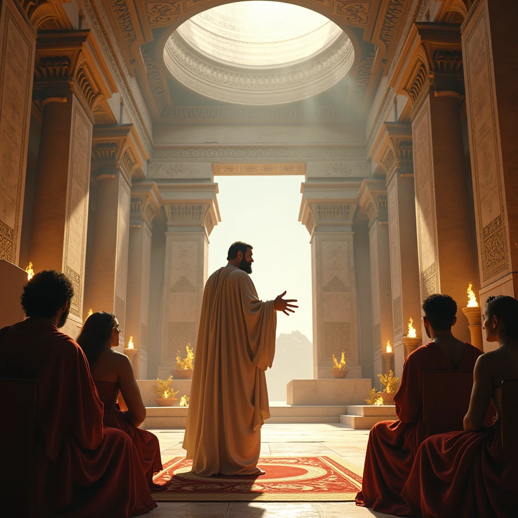 "Una realistic image de Platón enseñando sobre el demiurgo y el origen del universo en un templo a Jupiter gigantesca en la Atlantida" (realistic image)