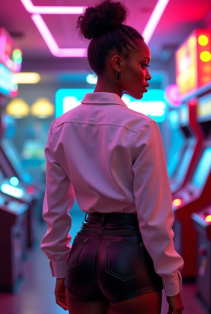 black woman wearing leather short shorts, white shirt and hair in a bun, at a arcade room backside view