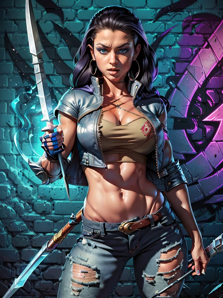 Very aesthetic inkpunk illustration, Alison Tyler, (((wielding a magic spear in his right hand))), sentada em uma cadeira simples, corpo inteiro, separated-lips, ,(((jaqueta de couro preta com rebites))) , ripped jeans, camiseta branca, , fundo da parede com graffiti, Arte por Mschiffer