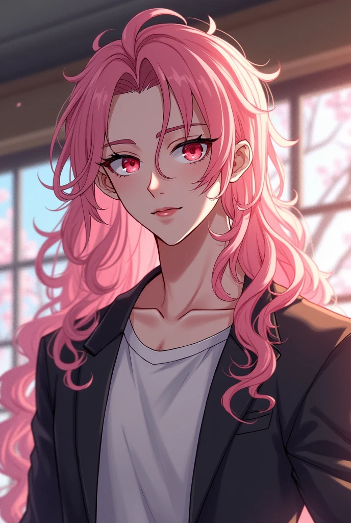 anime character, pink hair, curly long hair, Pale skin, red eyes, long eyelashes, male, muscular, big glossy lips, classroom, grey eyebrows, blossom trees,