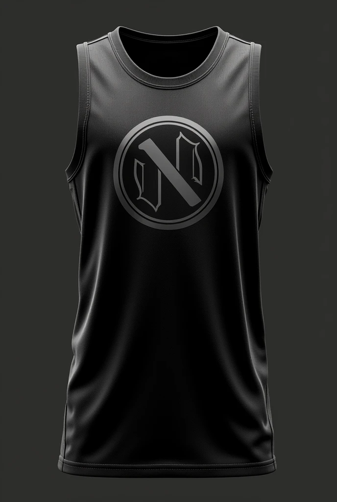 Make a black basketball uniform, with a logo referring to the team name, the name is painted neighborhood