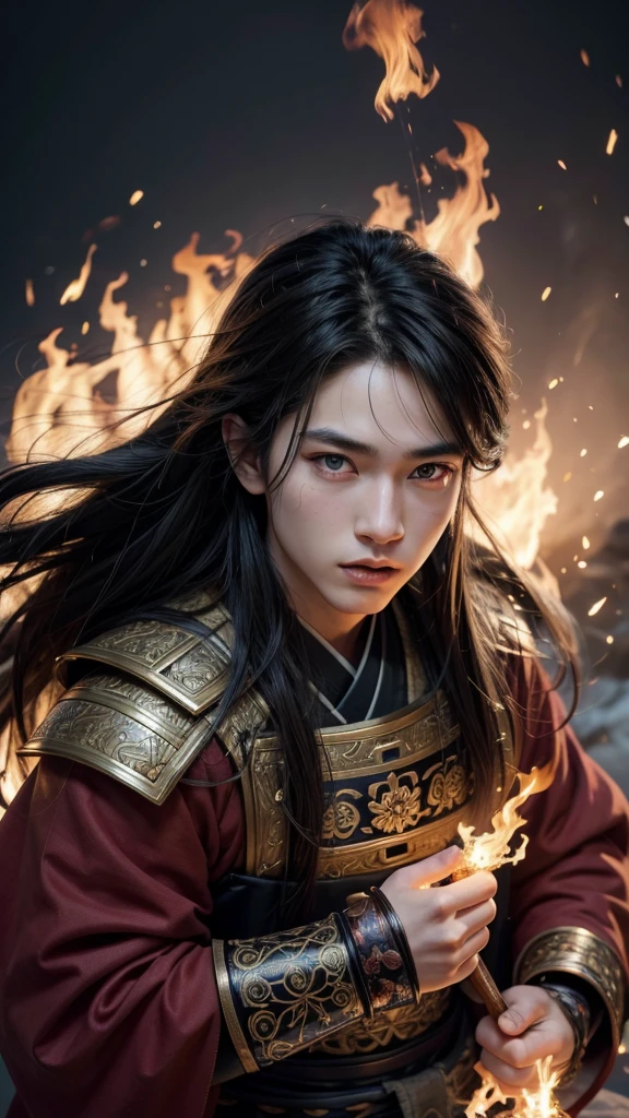 cute anime boy, 1boy, detailed face, beautiful detailed eyes, beautiful detailed lips, extremely detailed eyes and face, long eyelashes, intricate facial features, warm lighting, dynamic pose, flowing hair, japanese traditional clothing, samurai armor, fire breathing, fire effects, dynamic motion, dramatic lighting, highly detailed, cinematic, vibrant colors, photorealistic, 8k, best quality, masterpiece