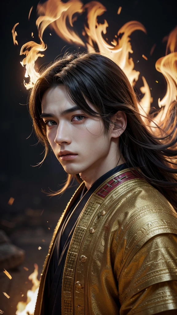 cute anime boy, 1boy, detailed face, beautiful detailed eyes, beautiful detailed lips, extremely detailed eyes and face, long eyelashes, intricate facial features, warm lighting, dynamic pose, flowing hair, japanese traditional clothing, samurai armor, fire breathing, fire effects, dynamic motion, dramatic lighting, highly detailed, cinematic, vibrant colors, photorealistic, 8k, best quality, masterpiece