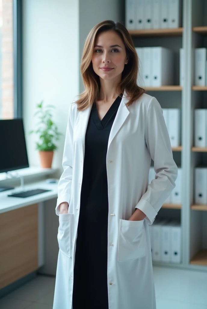 A white woman, medium hair/long straight black dress with lab coat (She is a psychologist) in a Clinic