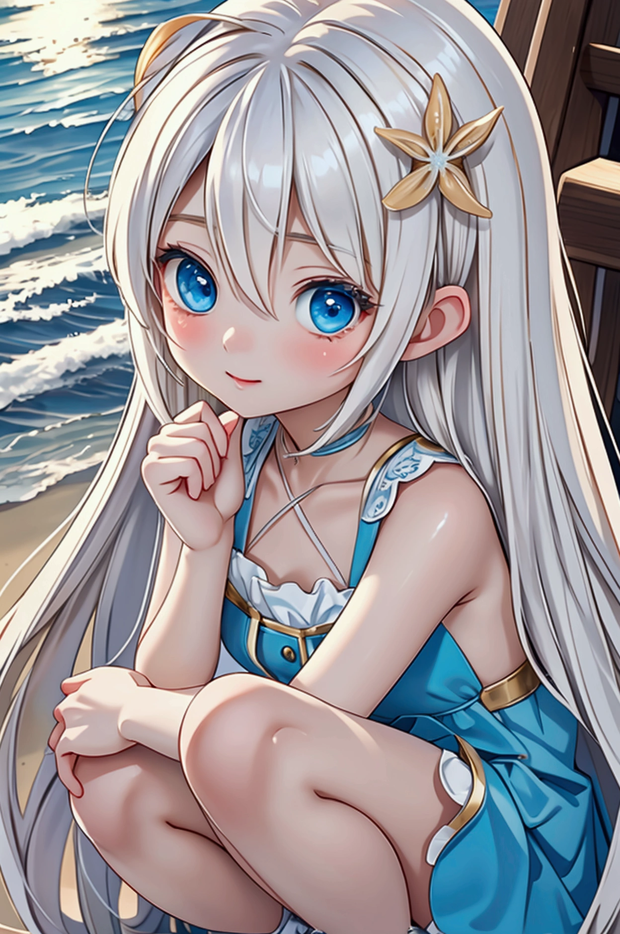 Late 20s European woman、Anime-style illustrations。Short stature with a youthful appearance、Fair skin。Short stature with a youthful appearance、Long, bright golden-white hair、Big Blue Eyes。Delicate and slender figure。Wearing a fairy-like elegant dress。Cute expressions and gestures。The background is a sunny beach。(Enjoying the sea up to his knees。)Overall delicate and dreamy atmosphere。High-quality digital art。