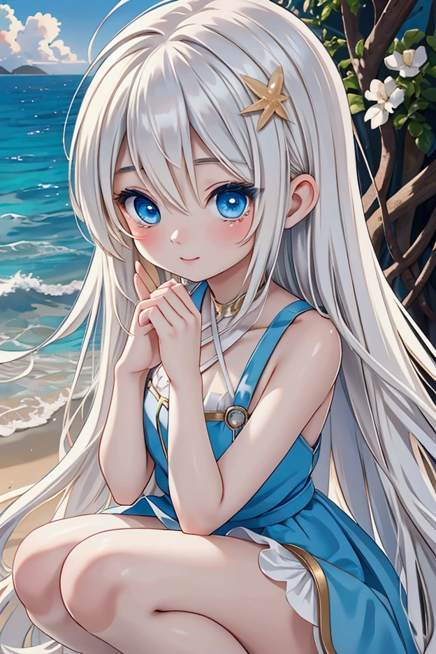 Late 20s European woman、Anime-style illustrations。Short stature with a youthful appearance、Fair skin。Short stature with a youthful appearance、Long, bright golden-white hair、Big Blue Eyes。Delicate and slender figure。Wearing a fairy-like elegant dress。Cute expressions and gestures。The background is a sunny beach。（Enjoying the sea up to his knees。）Overall delicate and dreamy atmosphere。High-quality digital art。