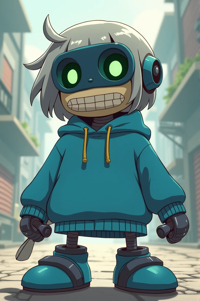 Robot man with a blue sweatshirt and a propeller instead of legs that makes him rub ,her face:It has a visor in its eyes and has a green light like its eyes and a mouth with a line with squares simulating teeth. ,He has hair that is above his shoulder, pointed and combed to one side.anime stile