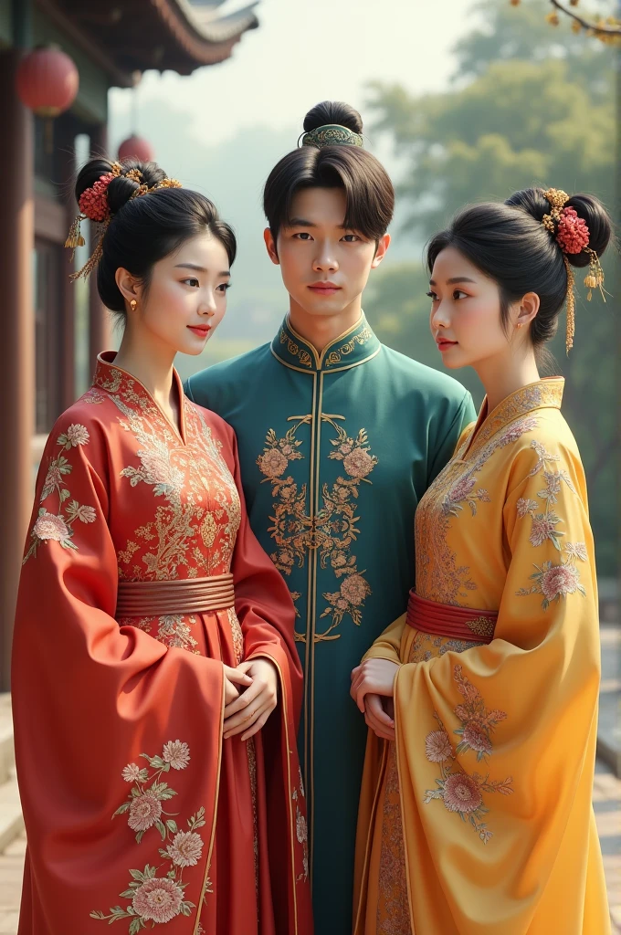 Two young women dressed in traditional Chinese clothing and a man dressed in traditional Chinese clothing.
