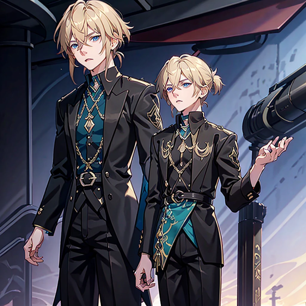 Anime attractive man, 20 year old, blonde hair, very very short ponytail, tall, muscular, solo, one person, light blue gold-accented, high-collared dress shirt, black choker, dark blazer with gold lining and buttons unbuttoned, long dark overcoat with a fur trim, rolled up sleeves, rolled up sleeves, rolled up sleeves, rolled up sleeves.