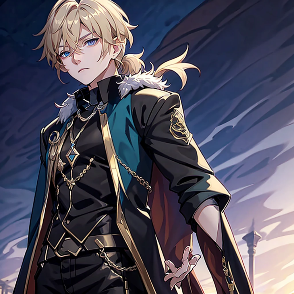 Anime attractive man, 20 year old, blonde hair, very very short ponytail, tall, muscular, solo, one person, light blue gold-accented, high-collared dress shirt, black choker, dark blazer with gold lining and buttons unbuttoned, long dark overcoat with a fur trim, rolled up sleeves, rolled up sleeves, rolled up sleeves, rolled up sleeves.