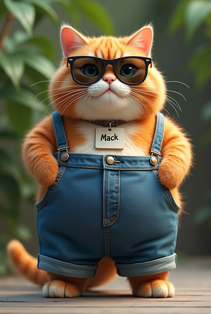 cool fat cat wearing baggy jorts and sunglasses and has a name tag that says (mack)