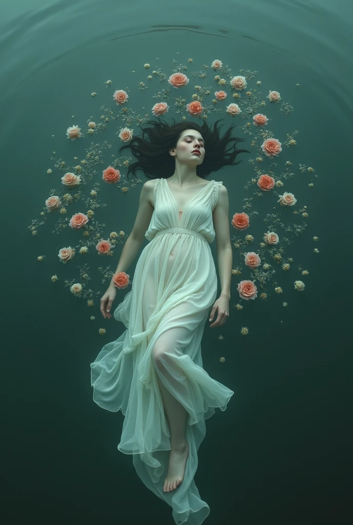 There is a woman floating in a body of water with flowers., floating drowned, inspired by Brooke Shaden, submerged in water, drowned, floating in water, ophelia, floating underwater, submerged in waste, floating underwater in a lake, water nymph, beautiful with creepy vibes, with frozen flowers around her, Dramatic submerged, beautiful and creepy. analog photography, fine art photography.
