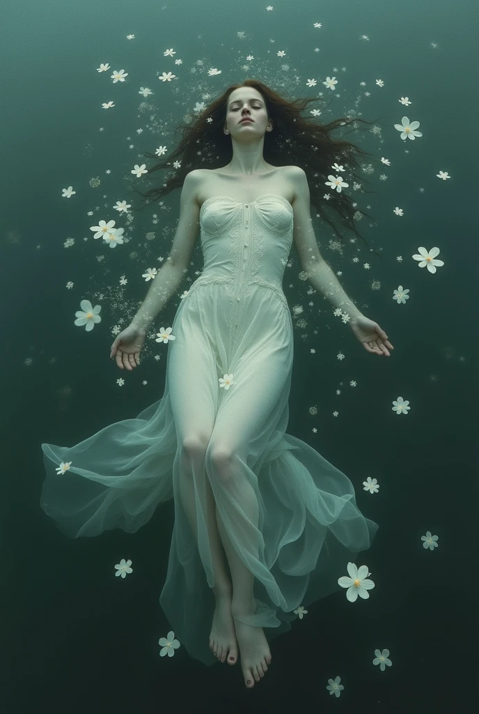 There is a woman floating in a body of water with flowers., floating drowned, inspired by Brooke Shaden, submerged in water, drowned, floating in water, ophelia, floating underwater, submerged in waste, floating underwater in a lake, water nymph, beautiful with creepy vibes, with frozen flowers around her, Dramatic submerged, beautiful and creepy. analog photography, fine art photography.