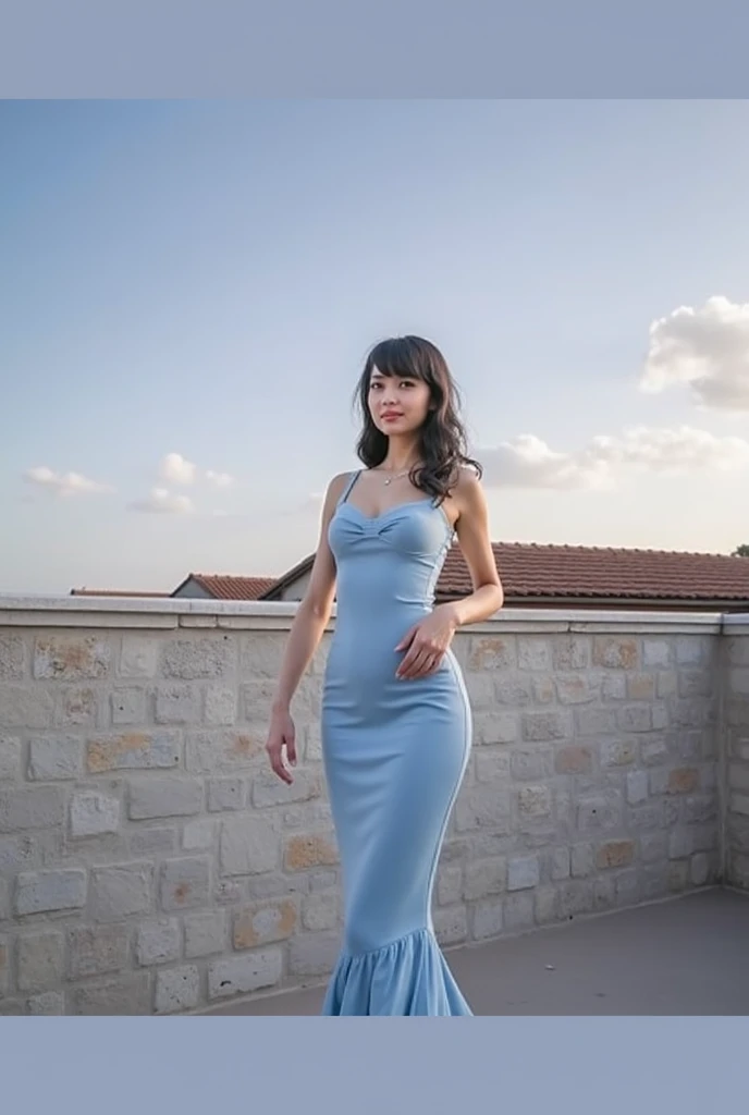 Long black hair girl, Sky blue fitted dress , She has big hips, big breasts, 