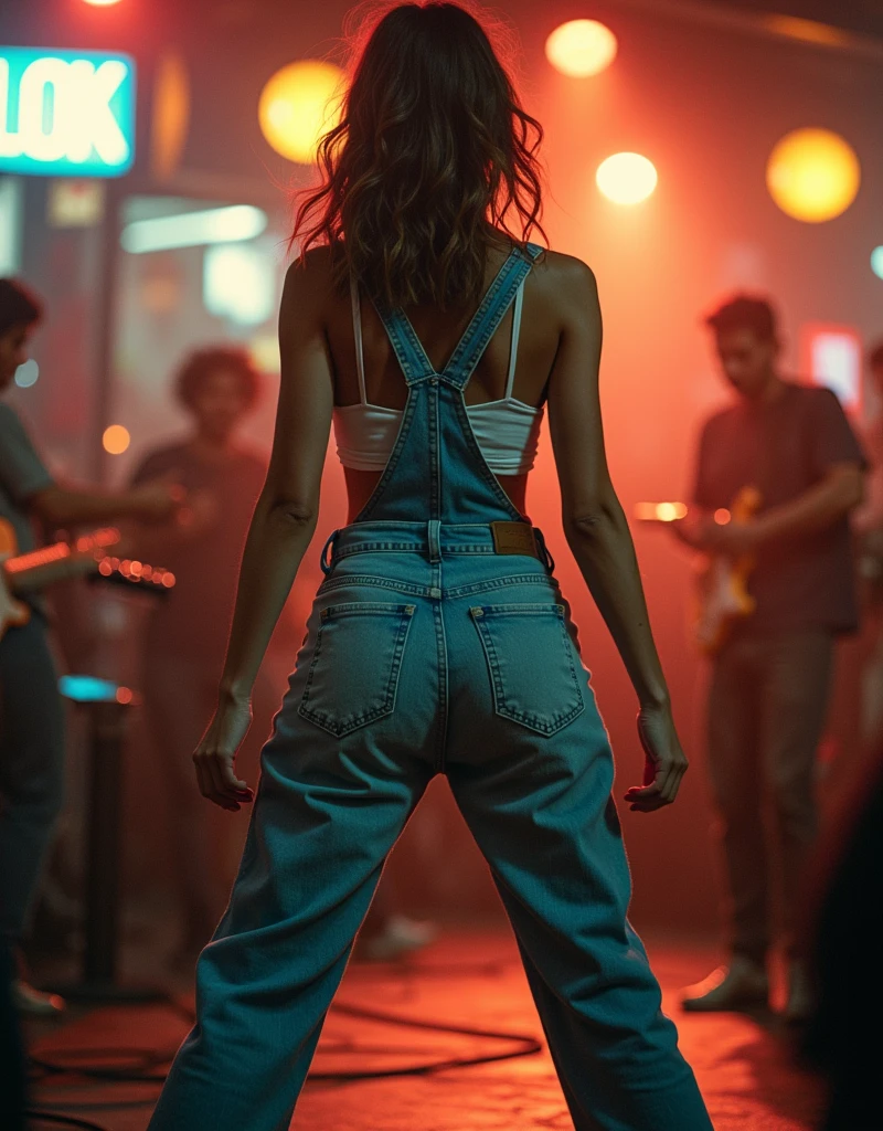 Karaoke night shaking big butt, candid shot of girl's back with disposable camera, spontaneous and unposed moment, jeans overall, legs spread, grainy texture and slight blur, capturing the essence of everyday life, urban background with bustling city elements, vintage aesthetic