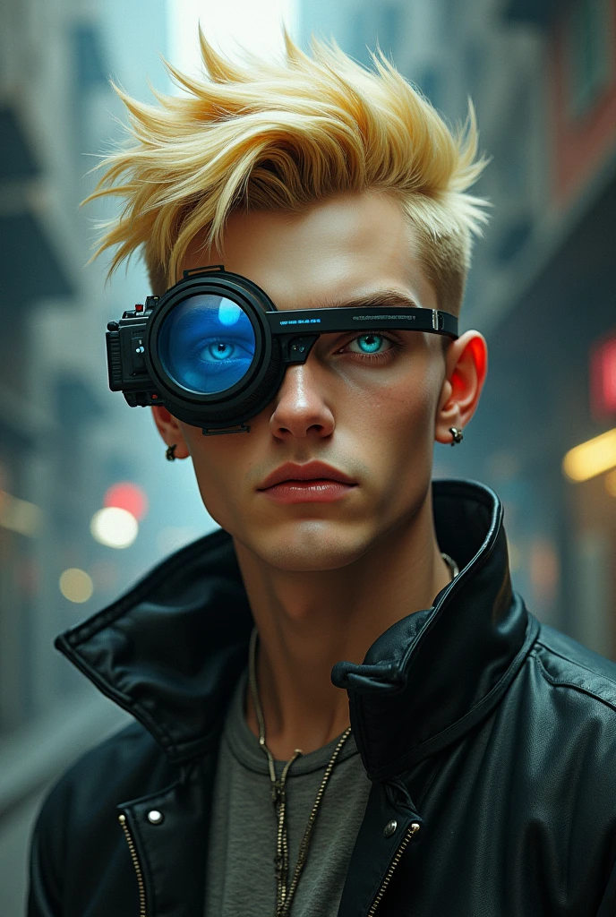 a blond cyberpunk man wearing single-lens monocles. realistic 2d style

