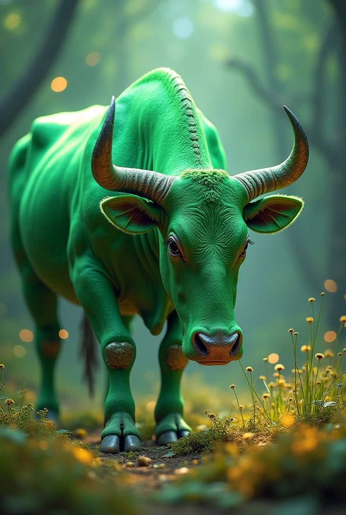 Green cow eating metallic grass