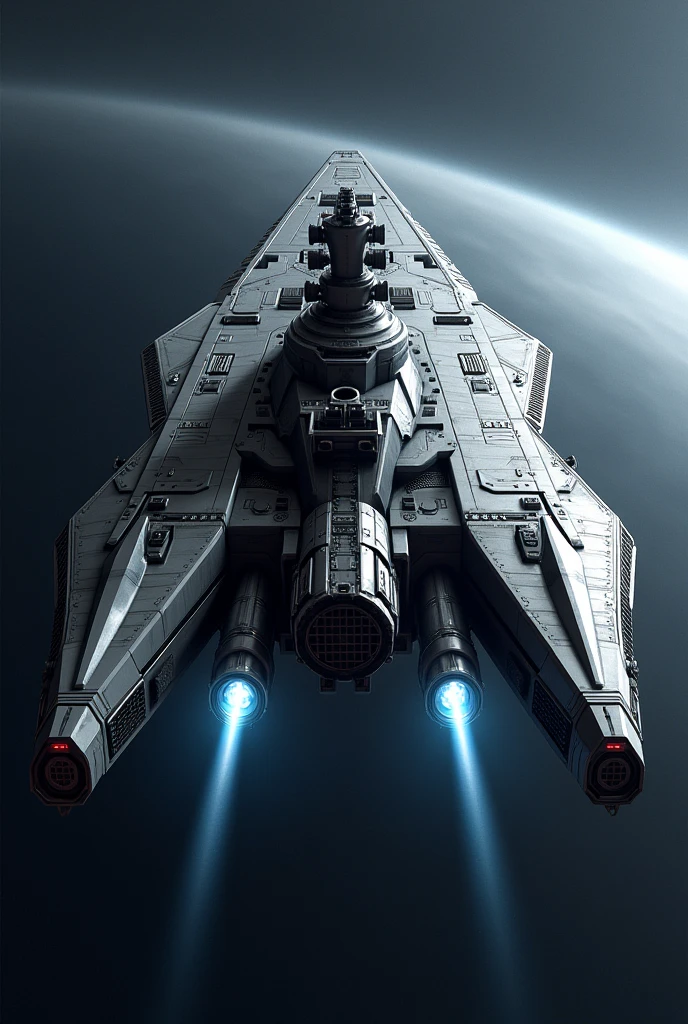 Spaceship.The ship resembles a destroyer..There is a control tower for controlling the ship..There are two cannon turrets at the front of the ship that are energy guns..There is one jet engine behind the ship..Back view of the ship
