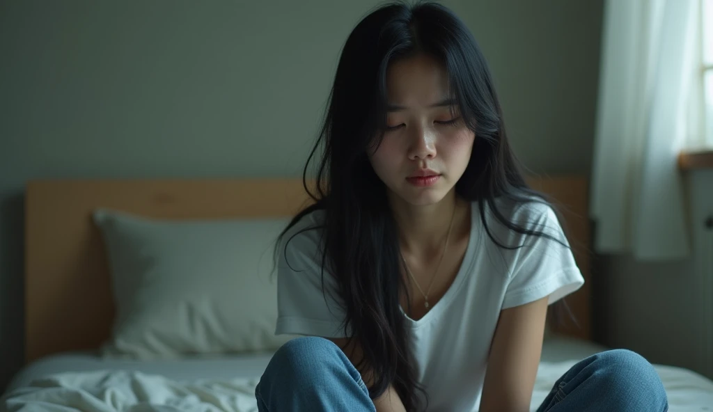an asian woman 30 years old long black hair with jeans and white t-shirt crying eyes closed on a bed