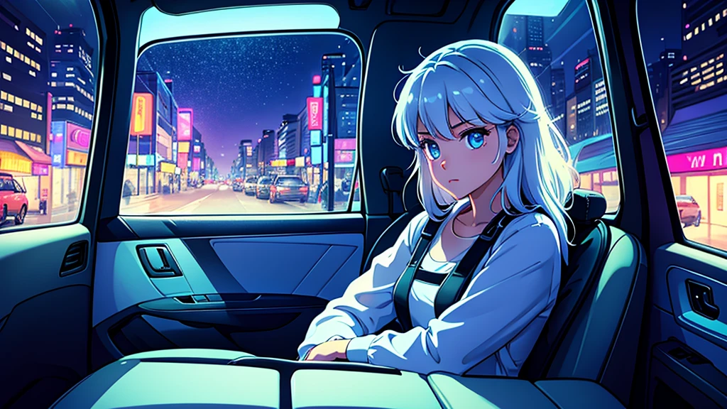 Create an image from the angle inside a car, showing a woman with a thoughtful expression on her face as she gazes out of the side window at the cityscape. The city outside should be visible, illuminated by streetlights and neon signs. Use soft, pastel colors and subtle gradients to capture a dreamy, reflective atmosphere. Ensure the interior of the car feels cozy and comfortable, adding to the overall serene vibe.futuristic city