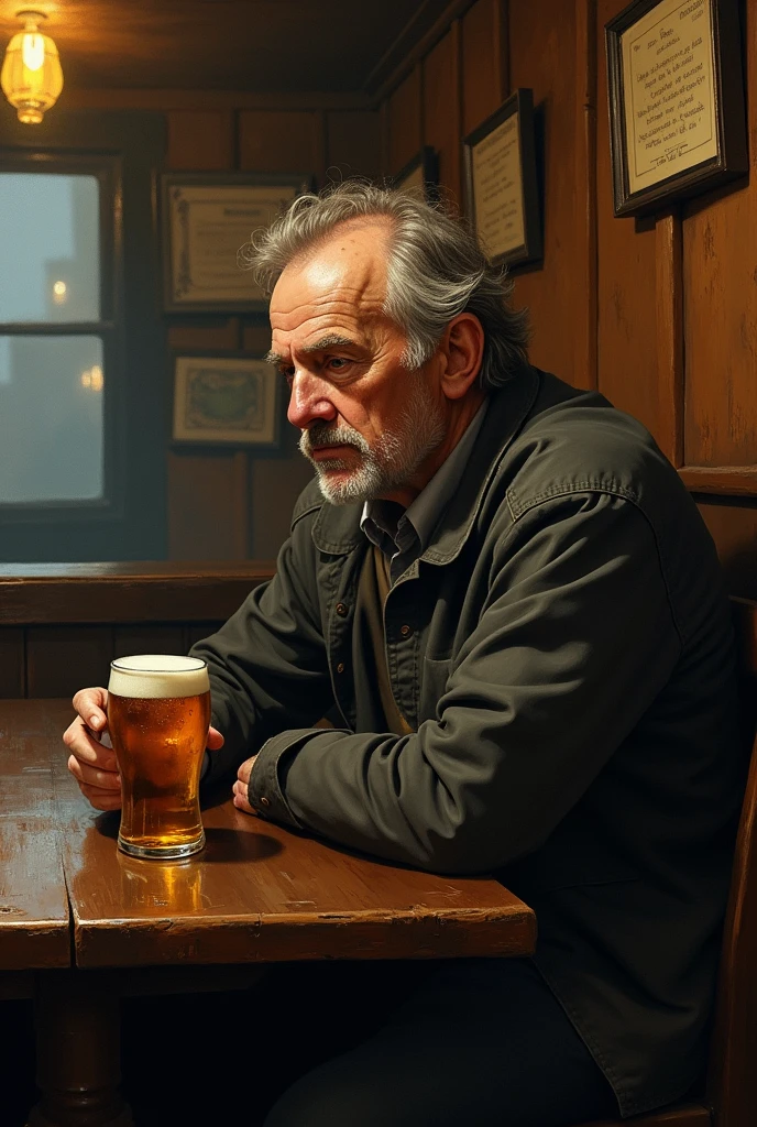 painting of a man sitting at a table with a glass of beer, sitting alone at a bar, in a pub, realistic oil painting, james gurney painting style, sad man, portrait of an alcoholic, drinking beer, realistic detailed painting, detailed realistic painting, incredibly detailed oil painting, realistic painting, ultra realistic oil painting, an old man, drinking a beer