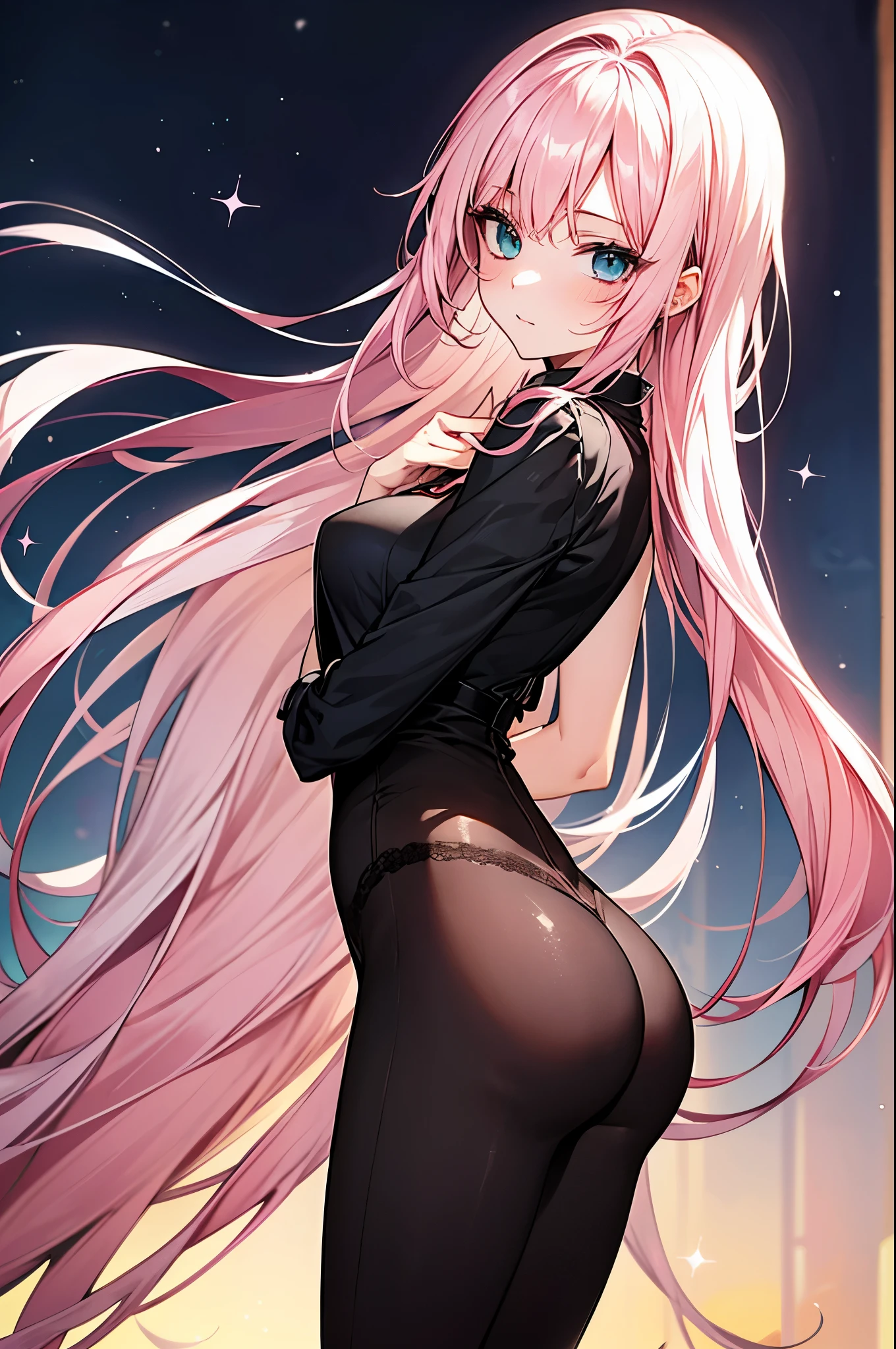 Shikimori has silky pink hair, blue-green eyes and a thin body, tall ager, with EXTREMELY LONG hair, loose, bright pink ones that extend almost to her butt, blue eyes and pale skin. She is almost always seen wearing her school's standard uniform., which consists of a white t-shirt underneath, covered by a black sweater, and a gray skirt underneath that only reaches her thighs. She wears long navy blue socks that almost reach her knees and fancy brown shoes on her feet..