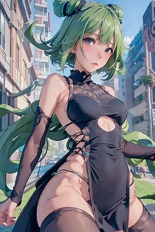 a cute yuna (cosplay of Tatsumaki, foam green hair, sexy slinky black iconic dress, high split up thighs (panties partly exposed)), she is looking annoyed while doing sexy poses, ruined city set
