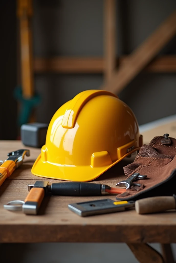  A safety helmet on the table with a carpenters tool belt beside it