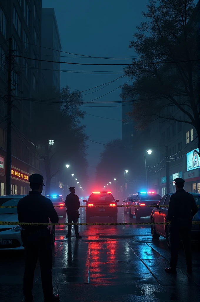 A nighttime urban street cordoned off by yellow police tape, with patrol cars parked nearby, their lights flashing red and blue. Uniformed officers stand guard, ensuring no one enters the scene. The area is dimly lit, with the silhouette of buildings in the background.