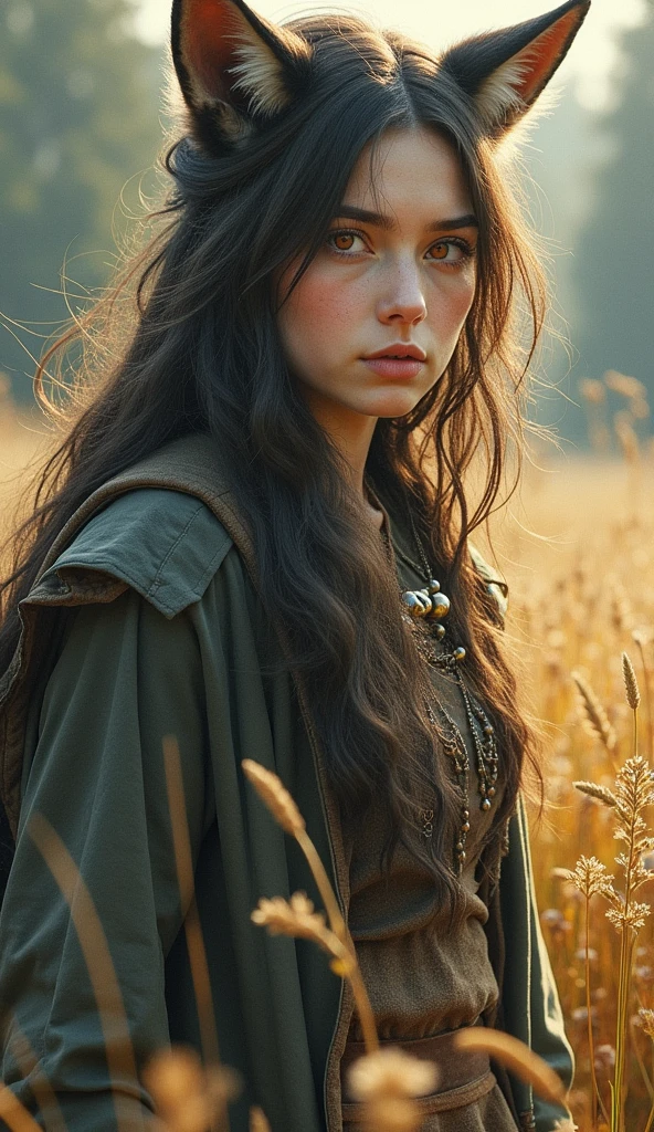 Highest quality, highest resolution, detailed depiction, delicate depiction, diverse lighting, majestic expression, viewer's gaze, realistic watercolor painting, photorealistic, detailed background, delicately painted, strong luster, faithful depiction to reality, highest quality, masterpiece, ultra-high resolution, 8K, perfect beauty, strange world, mysterious world, woman raised by wolves, animal clothing, threatening with claws, untrimmed hairstyle, ruby ​​red eyes, detailed expression, hairy, tense expression, affectionate expression, confident, in an open grassland in the forest, the divineness of early morning light, softness, plump