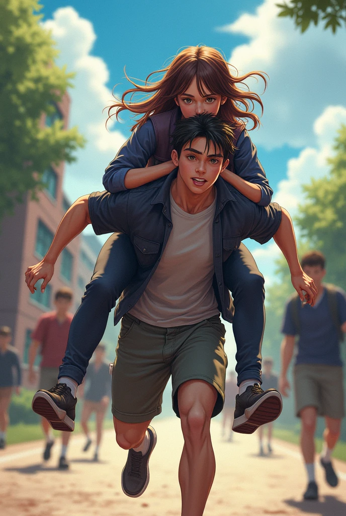 A female high school student carrying a male high school student on her shoulders