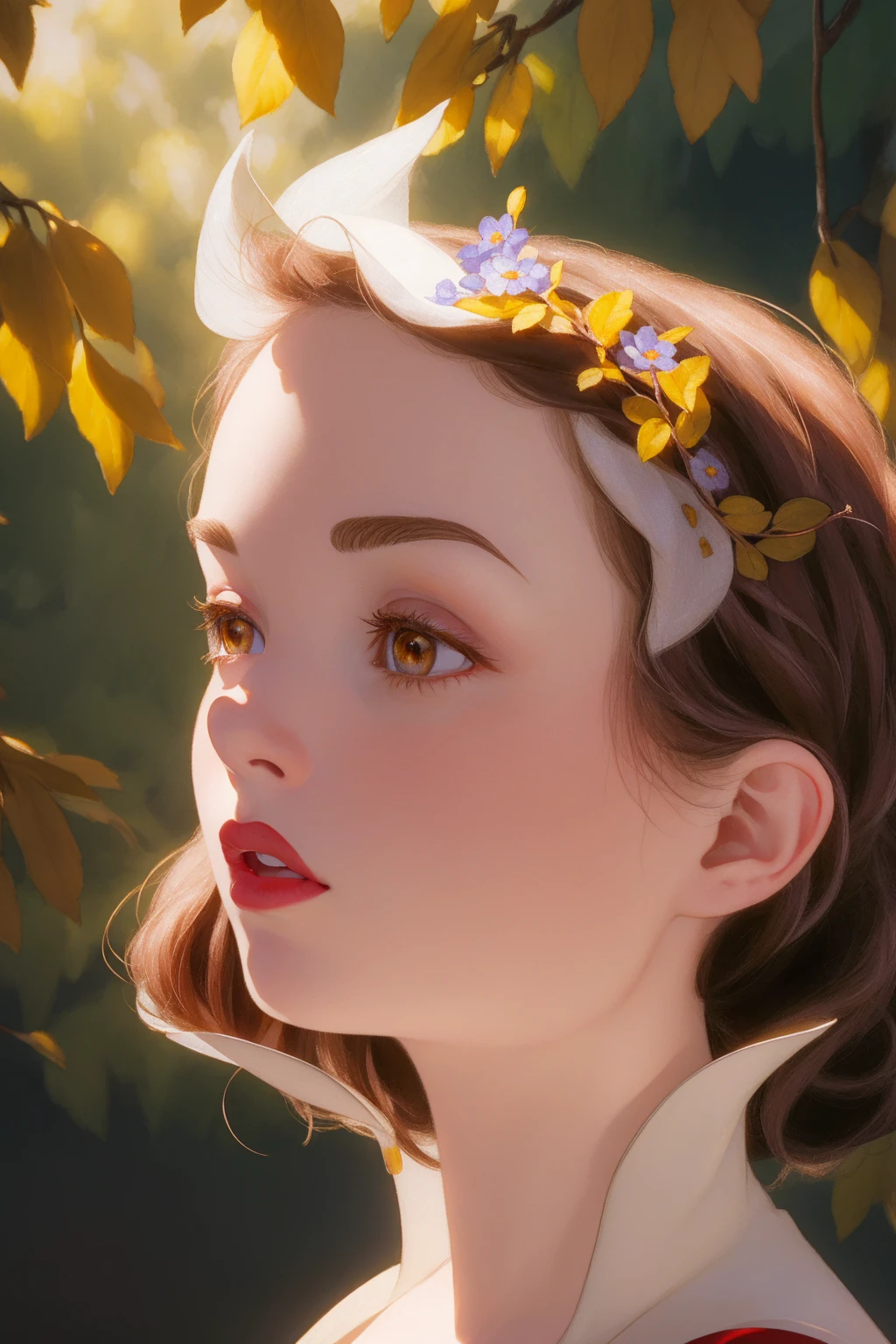 (best quality,4k,8k,highres,masterpiece:1.2),ultra-detailed,(realistic,photorealistic,photo-realistic:1.37),Snow White,beautiful detailed eyes,beautiful detailed lips,extremely detailed eyes and face,longeyelashes,beautiful young woman,porcelain skin,rosy cheeks,intricate dress,medieval fantasy,medieval castle,lush forest,sunlight filtering through trees,warm color palette,dramatic lighting,cinematic composition