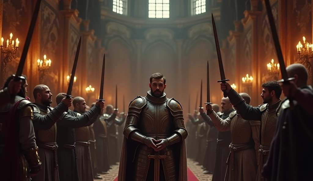 In a dimly lit, grand medieval hall, Edward III stands at the center, his face stern with resolve, surrounded by his closest advisors and nobles. The air is thick with the weight of the moment as they prepare to declare war. Edward, dressed in ornate royal armor, raises his sword high, its polished blade gleaming in the flickering torchlight. His eyes are fixed ahead, embodying determination and authority. Around him, his loyal nobles mirror the gesture, their swords also lifted, catching the same light, casting sharp reflections on the stone walls. The atmosphere is charged with a dark intensity, the shadows in the hall deepened by the firelight, emphasizing the gravity of their decision. The expressions on their faces range from grim determination to fierce loyalty, each man understanding the magnitude of the conflict they are about to embark upon. The hall itself, with its towering arches and tapestries, adds to the sense of history in the making. This scene captures the charged mo, Surrealism, Hyperrealism, UHD, retina, masterpiece, accurate, anatomically correct, textured skin, super detail, 16k