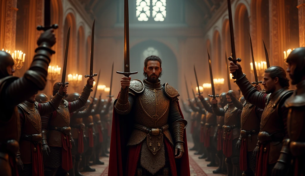 In a dimly lit, grand medieval hall, Edward III stands at the center, his face stern with resolve, surrounded by his closest advisors and nobles. The air is thick with the weight of the moment as they prepare to declare war. Edward, dressed in ornate royal armor, raises his sword high, its polished blade gleaming in the flickering torchlight. His eyes are fixed ahead, embodying determination and authority. Around him, his loyal nobles mirror the gesture, their swords also lifted, catching the same light, casting sharp reflections on the stone walls. The atmosphere is charged with a dark intensity, the shadows in the hall deepened by the firelight, emphasizing the gravity of their decision. The expressions on their faces range from grim determination to fierce loyalty, each man understanding the magnitude of the conflict they are about to embark upon. The hall itself, with its towering arches and tapestries, adds to the sense of history in the making. This scene captures the charged mo, Surrealism, Hyperrealism, UHD, retina, masterpiece, accurate, anatomically correct, textured skin, super detail, 16k